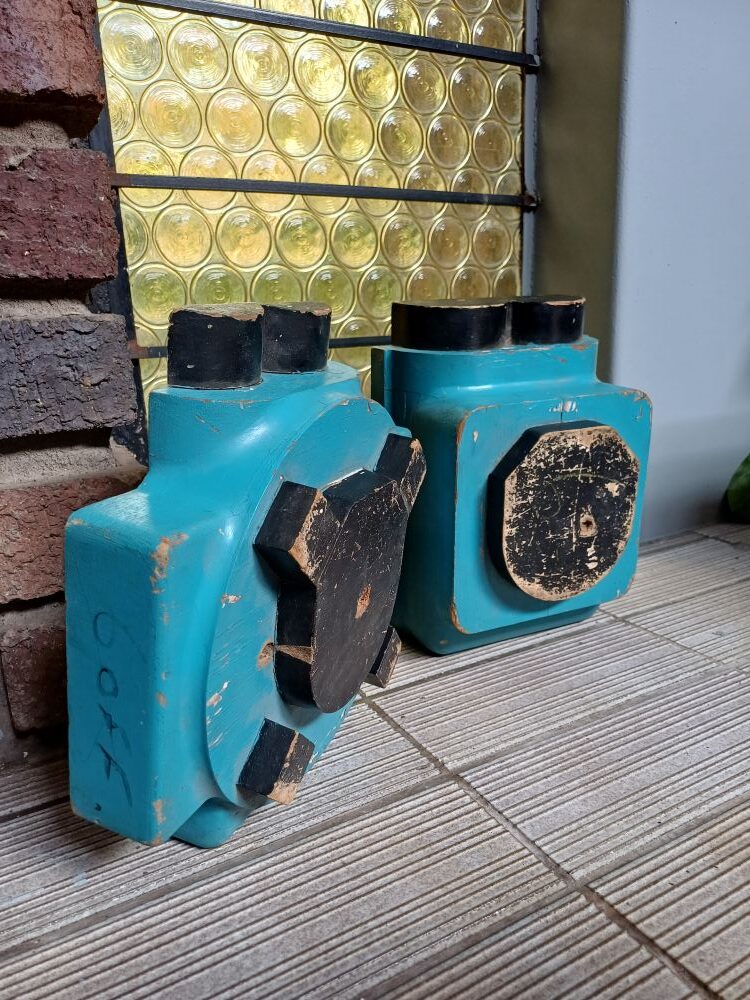 Decor: Pair of Blue 'Rocket Parts' – Vintage Wooden Pattern Moulds